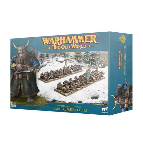 Warhammer Dwarf Quarrellers miniatures box set by Otaku-Planet featuring detailed dwarf models in a snowy battlefield