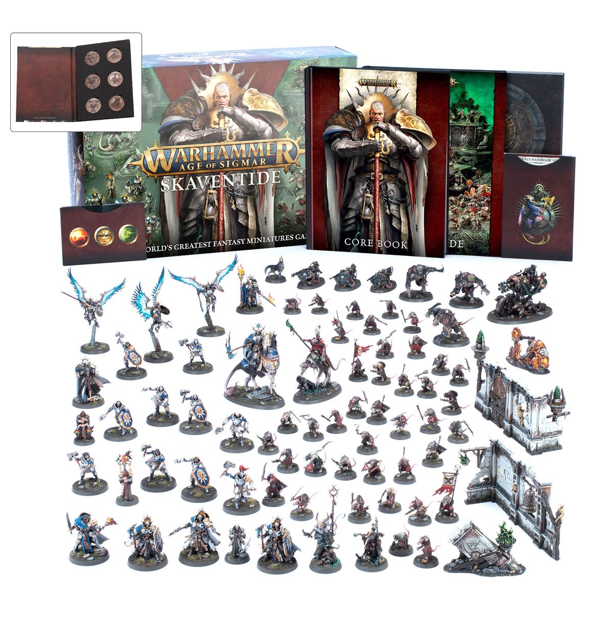 Warhammer Skaventide box set with detailed fantasy miniatures, core books, and game tokens from Otaku-Planet