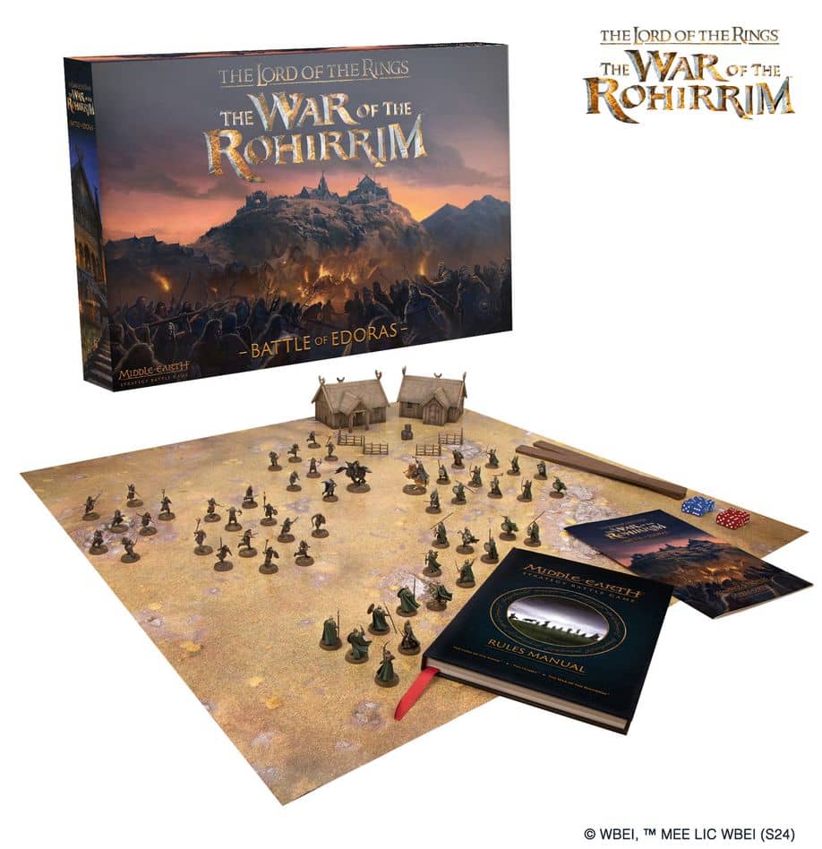 Warhammer War of the Rohirrim board game set by Game Workshop including miniatures, game board, dice, and rulebook