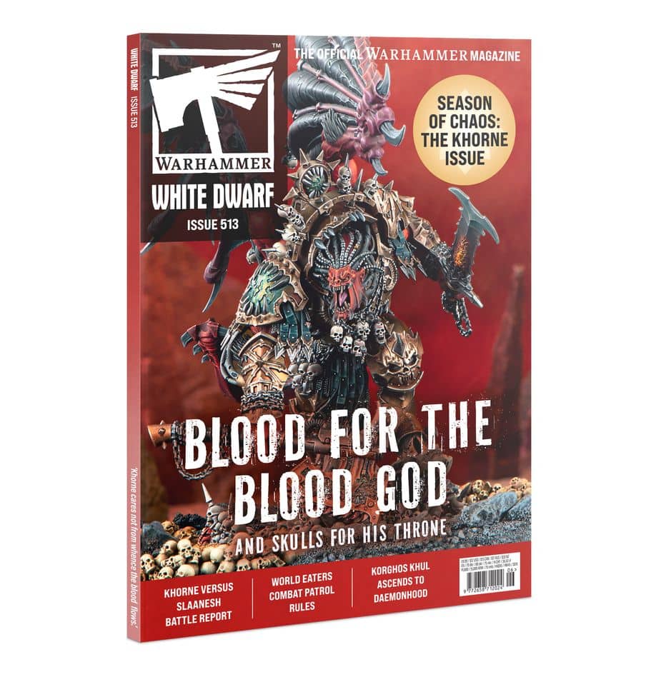 Warhammer White Dwarf Issue 513 magazine featuring Khorne themed cover with Blood God miniature