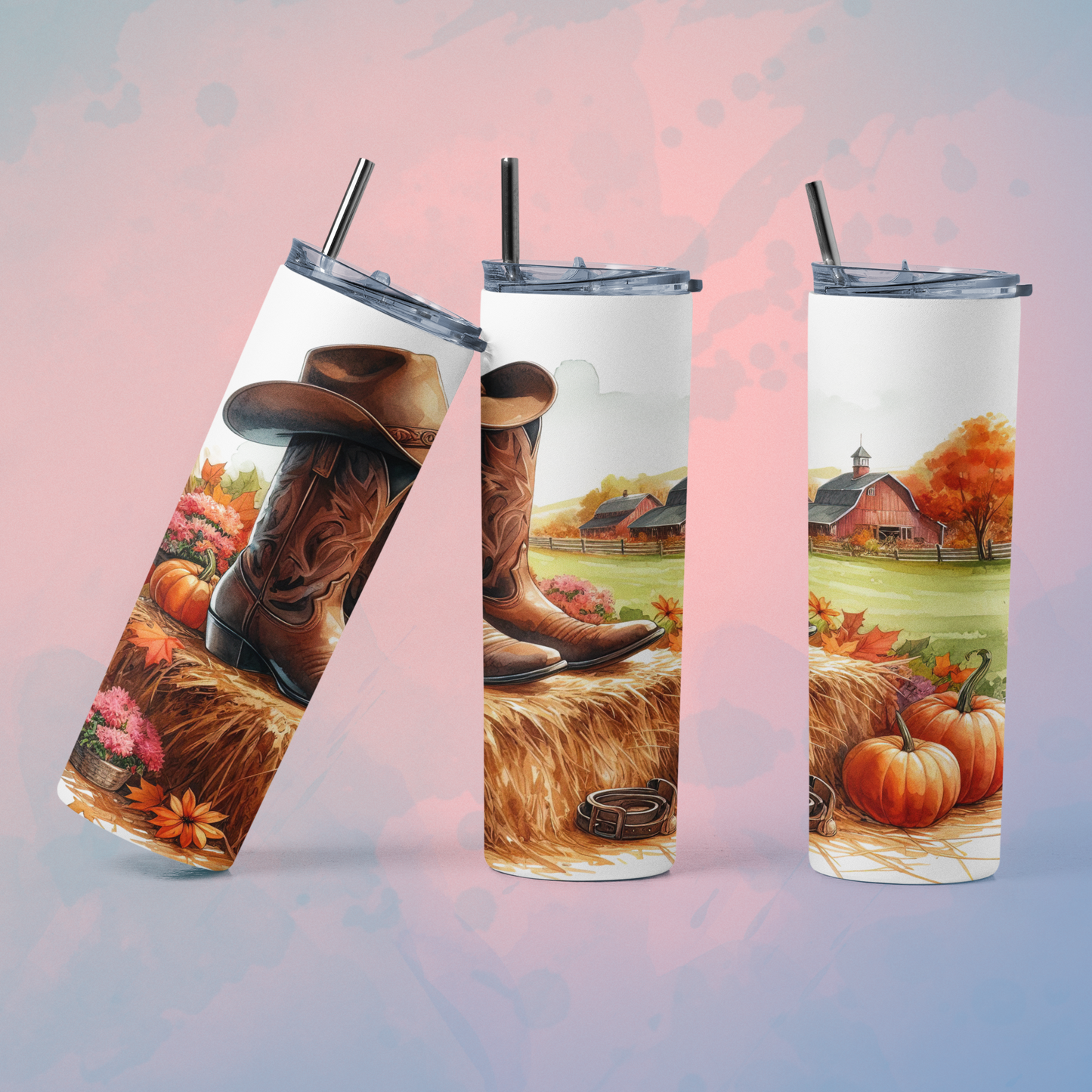Western pumpkin tumbler featuring cowboy boots and pumpkins on a hay bale background
