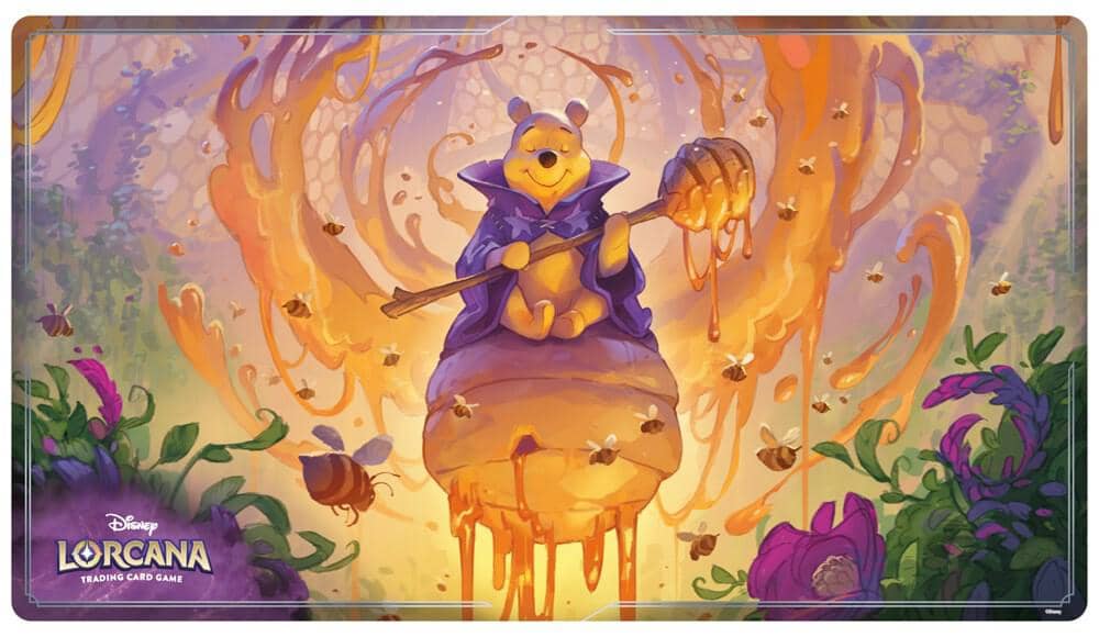 Disney Lorcana Playmat featuring Winnie the Pooh surrounded by honey and flowers