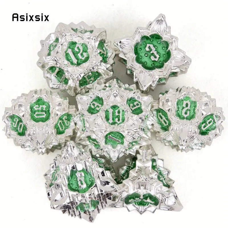 7 PC White & Green Lotus Flower DnD Dice Set - Metal  D&D