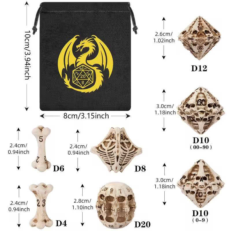 7Pc D & D Dice Set - Skull-Themed Resin Dice Set
