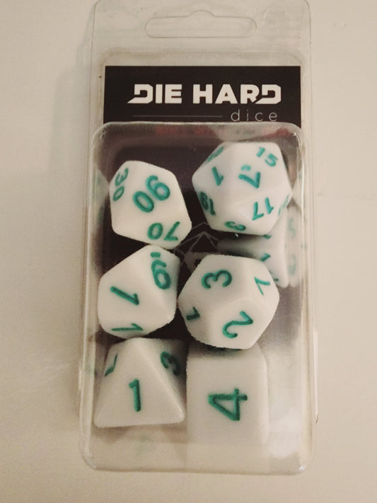 7-Piece Die Hard Polyhedral Set: White w/ Pastel Teal DND TRPG Dungeons & Dragons