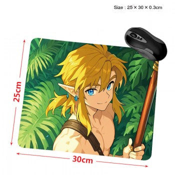 Legend of Zelda anime mouse pad featuring anime Link with blond hair and staff against lush jungle background 30x25 cm