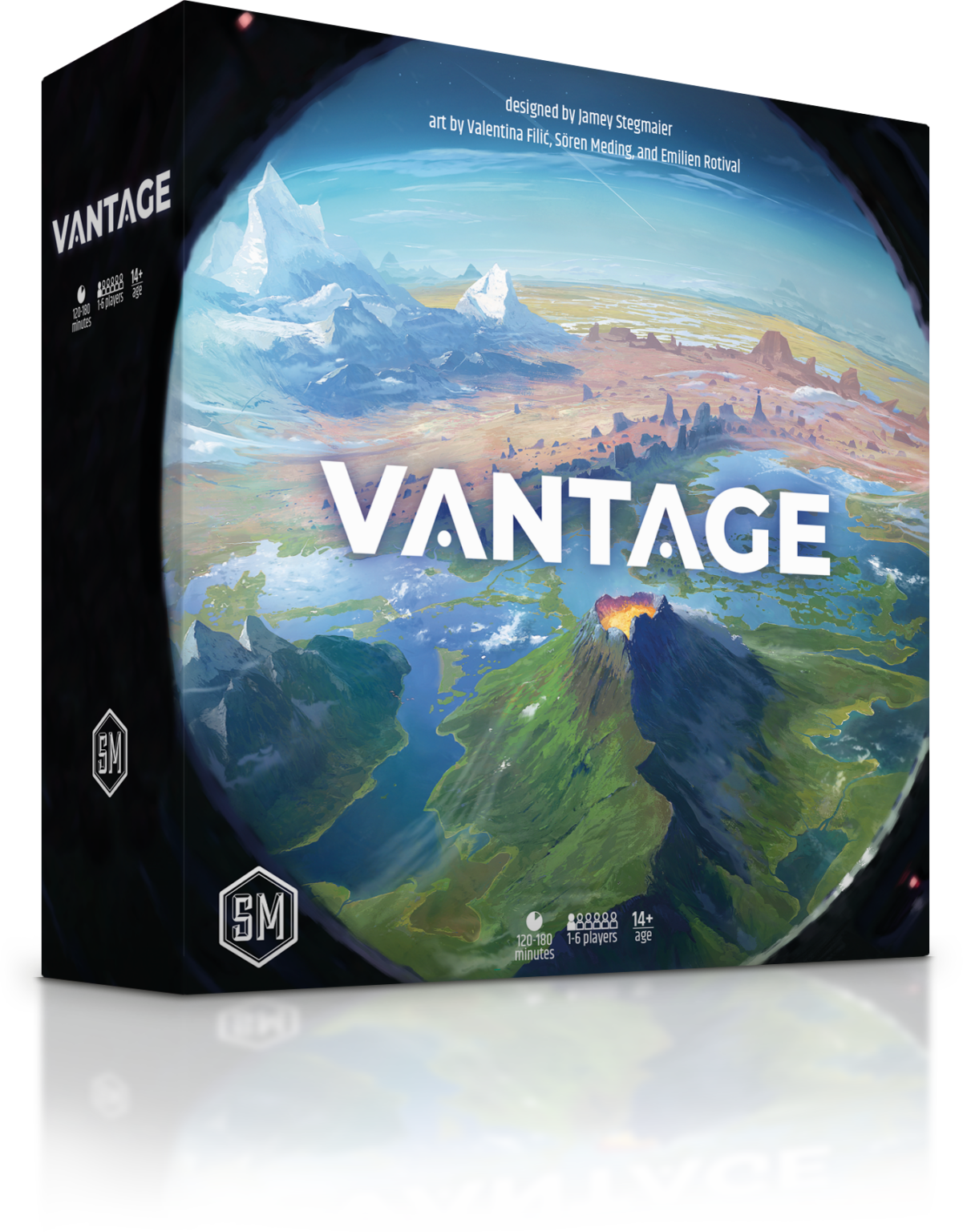 Vantage board game pre order by stonemaker box cover with scenic planet artwork and title VANTAGE