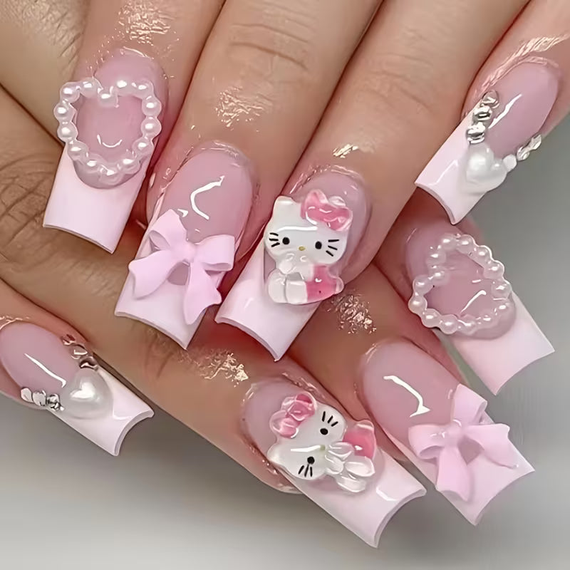 Sanrio - Hello Kitty - 24pcs Pink Press On Nails - Medium Coffin