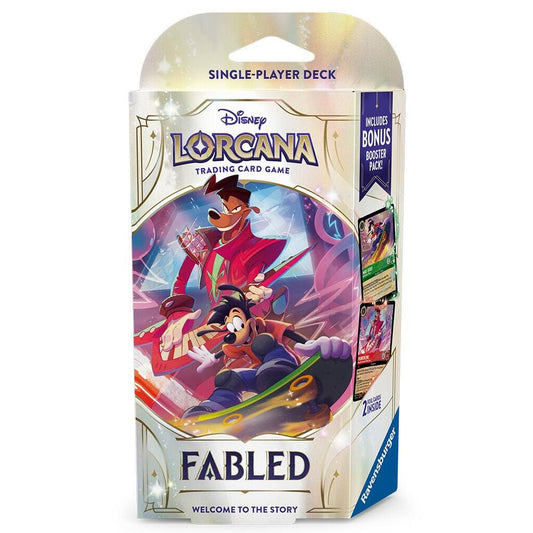 Disney Lorcana Fabled Starter Deck single player trading card box with colorful character art and bonus booster pack