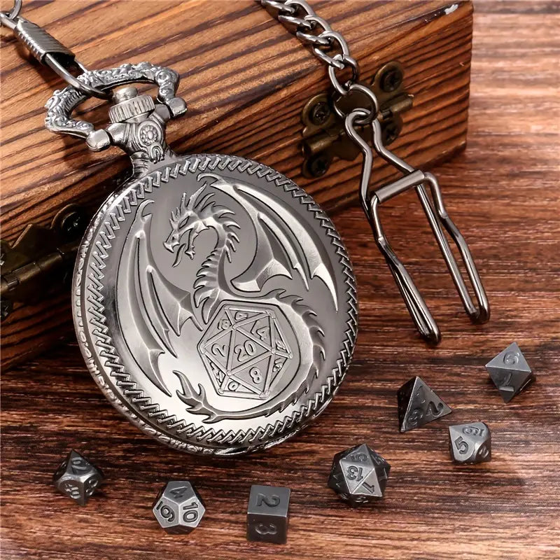 7Pc Dragon Pattern Pocket Watch Case Silver