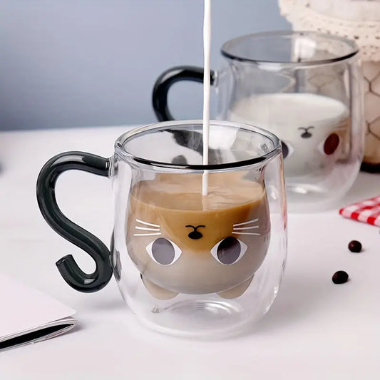 Cat-Themed Glass Coffee Mug -- Kawaii Kitten Prints