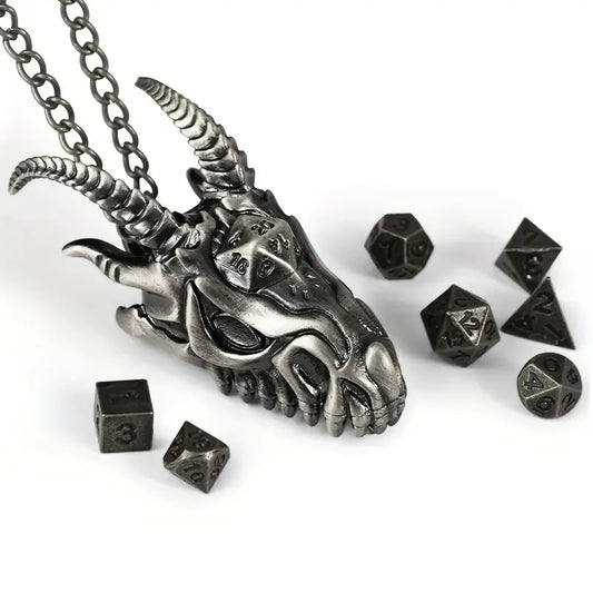 7Pc Dragon Head Hollow Necklace Dice Case Silver