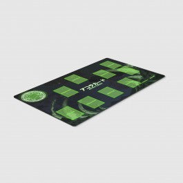 Akora TCG playmat with green card zones and black background for trading card game players
