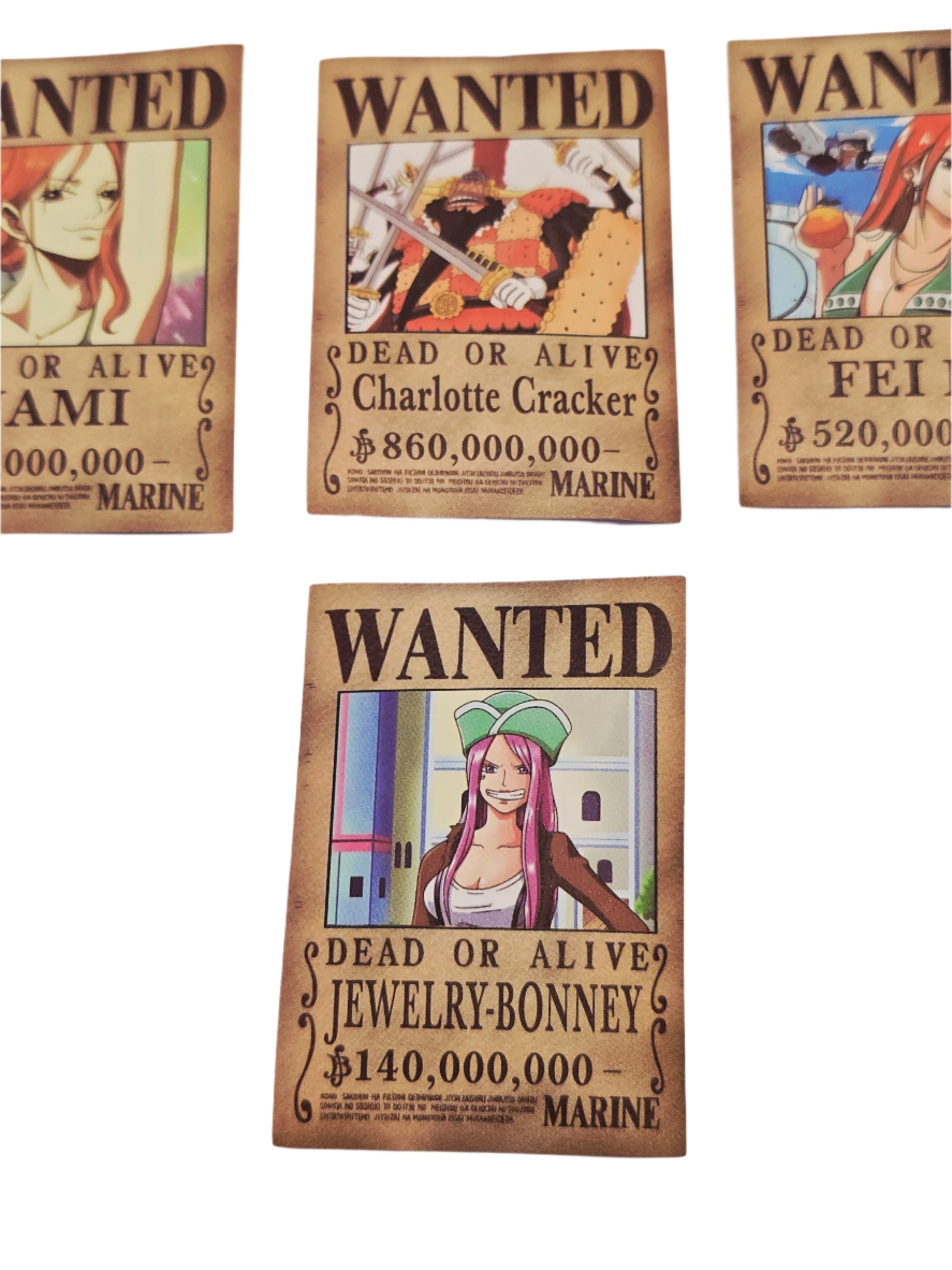 Otaku-Planet anime wanted poster stickers featuring characters like Charlotte Cracker and Jewelry Bonney