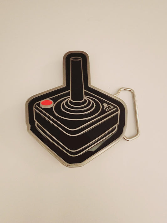 Otaku-Planet ATARI belt buckle shaped like classic joystick with black and red details