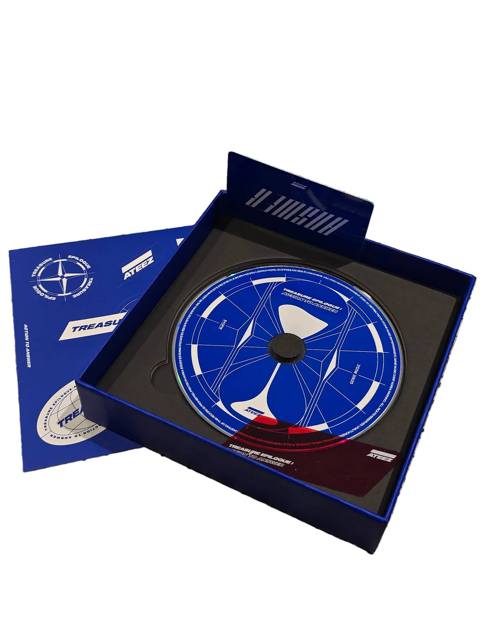 Ateez Treasure Epilogue Action To Answer CD in a vibrant blue packaging showcasing its design