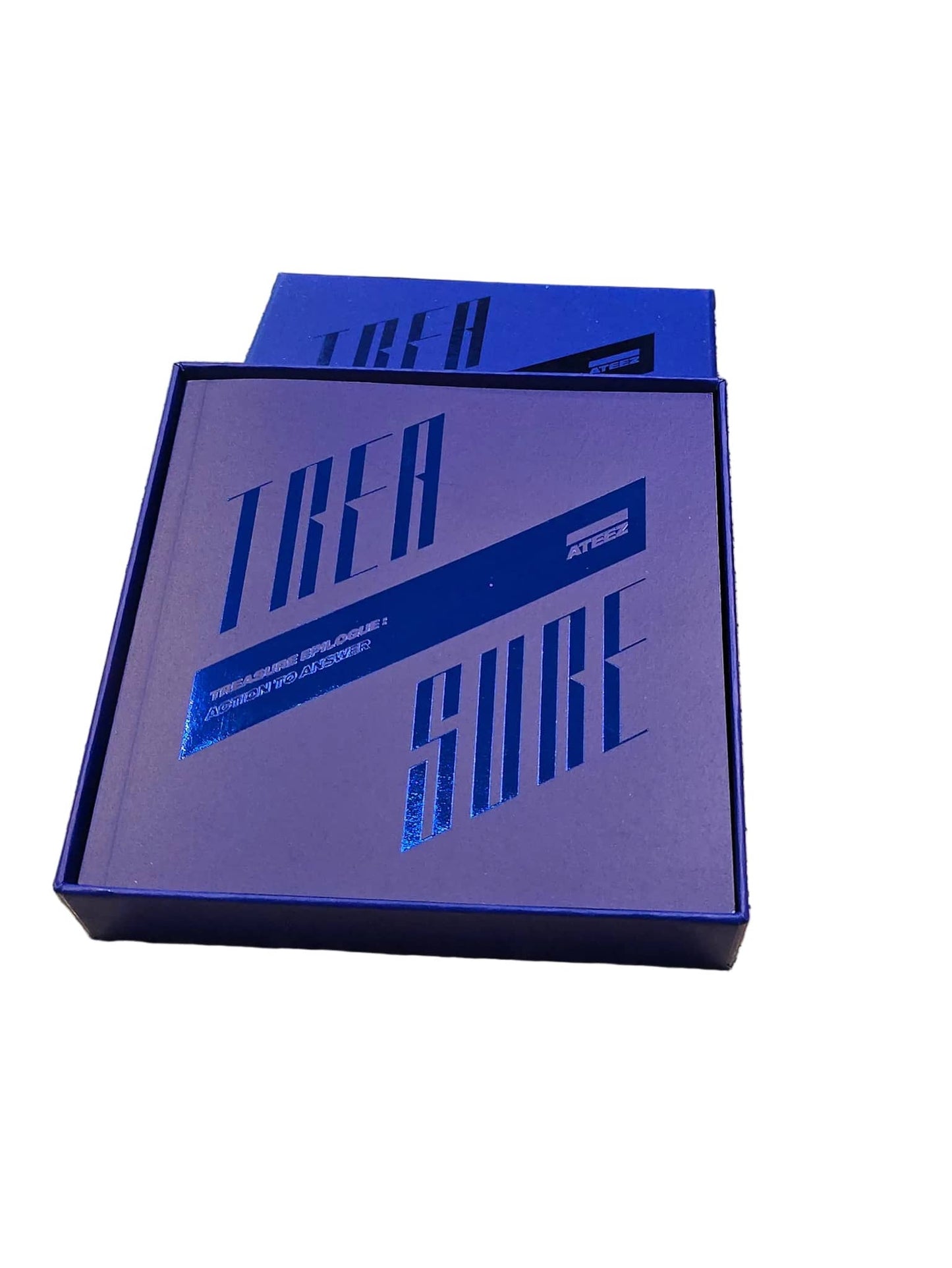 Ateez Treasure Epilogue Action To Answer CD in a stylish blue box featuring the album title