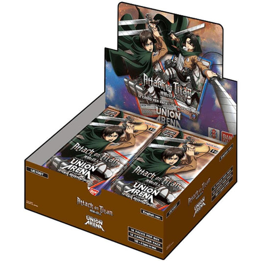 Attack on Titan UNION ARENA booster box featuring multiple booster packs for trading card game enthusiasts