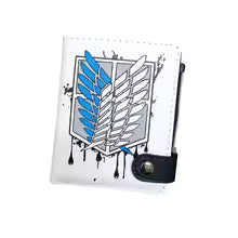 Attack on Titan wallet featuring a striking emblem design with vibrant blue and gray colors