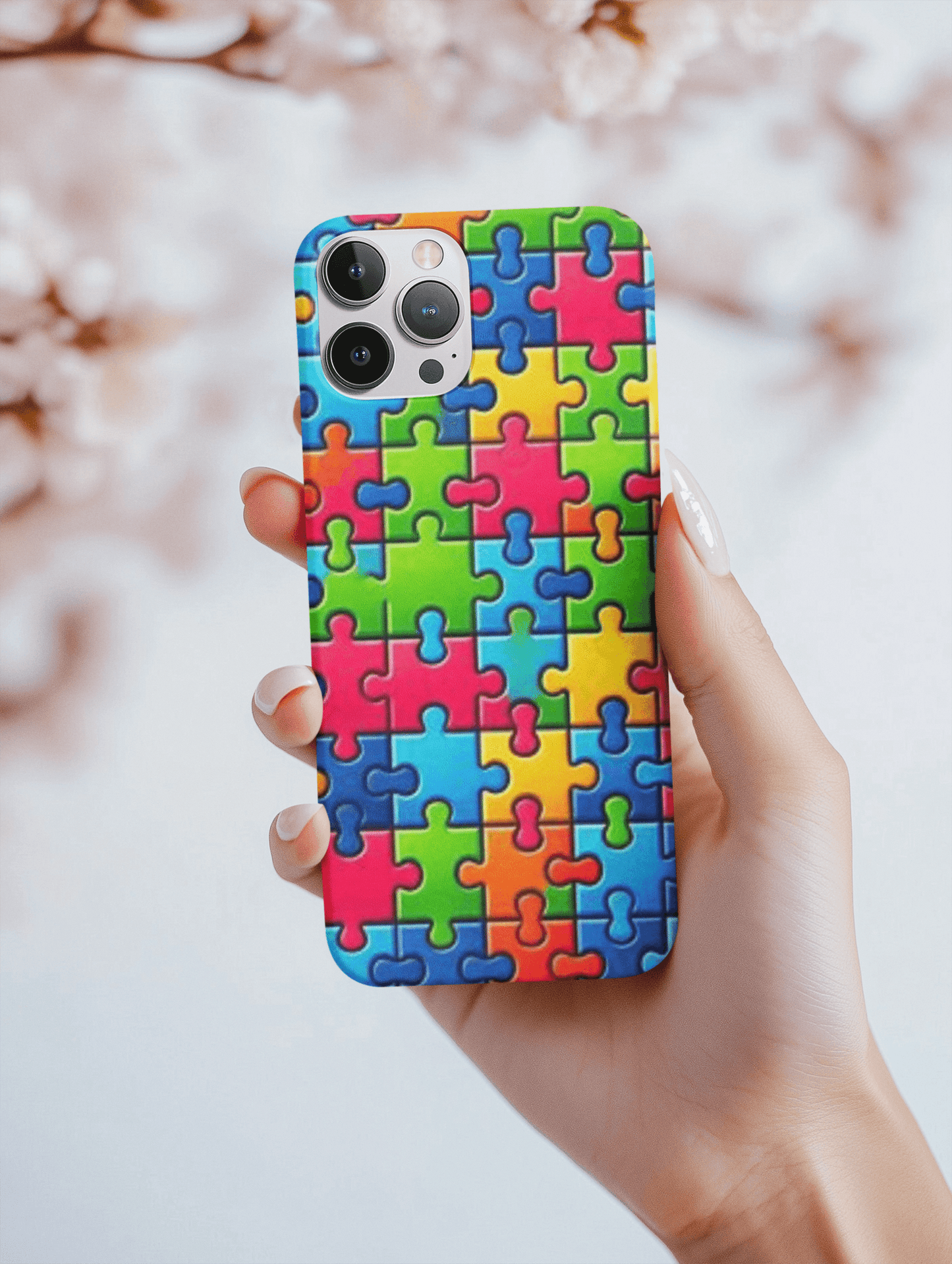 Colorful autism puzzle piece phone case design featuring vibrant puzzle patterns