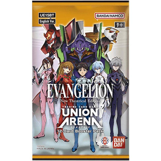 Evangelion Union Arena booster pack in gold featuring characters from the trading card game
