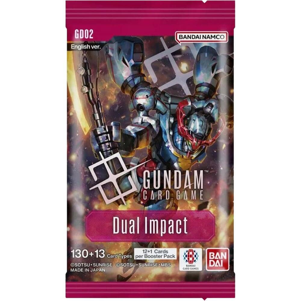 BANDAI Gundam Dual Impact booster pack featuring vibrant artwork and card details on the front