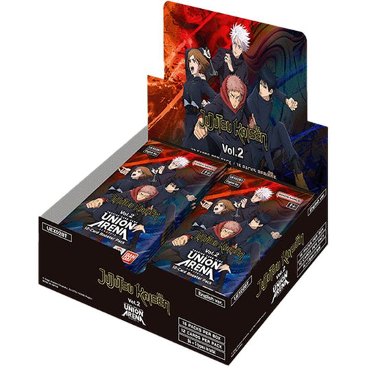 BANDAI trading card display box with multiple Jujutsu Kaisen Union Arena booster pack featuring character art