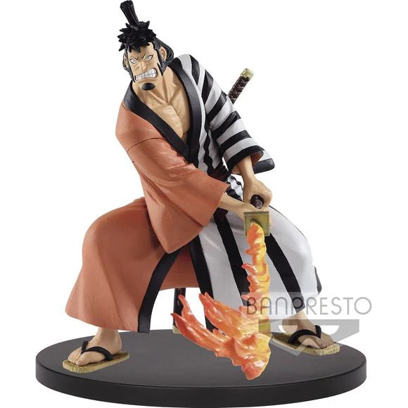 Kin'Emon One Piece figure by Bandai with detailed design holding a flaming sword