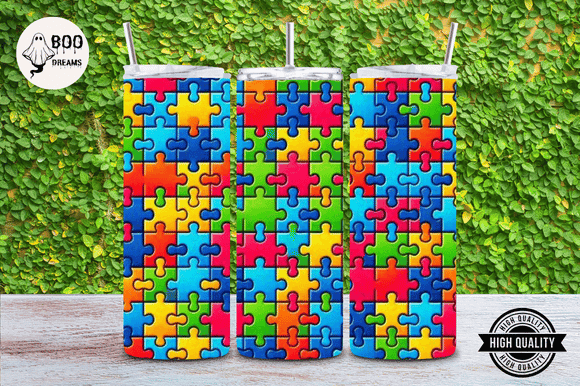 Colorful autism awareness tumbler featuring a vibrant puzzle piece design for daily hydration