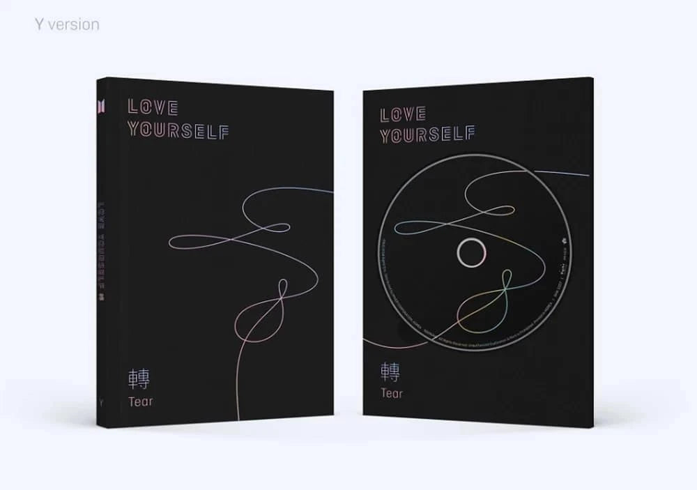 BTS Love Yourself Tear Y Version album featuring sleek black design and CD with colorful line art