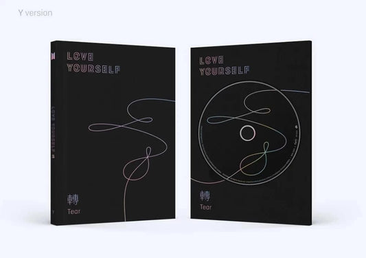 BTS Love Yourself Tear Y Version album featuring sleek black design and CD with colorful line art