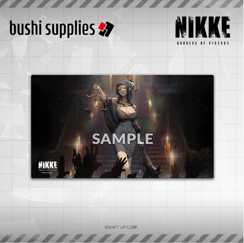 NIKKE playmat Kill The Lord featuring a character holding scales on a dramatic background
