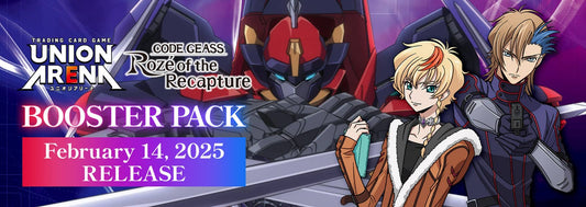 Union Arena Code Geass trading card booster pack featuring characters and release date February 14, 2025