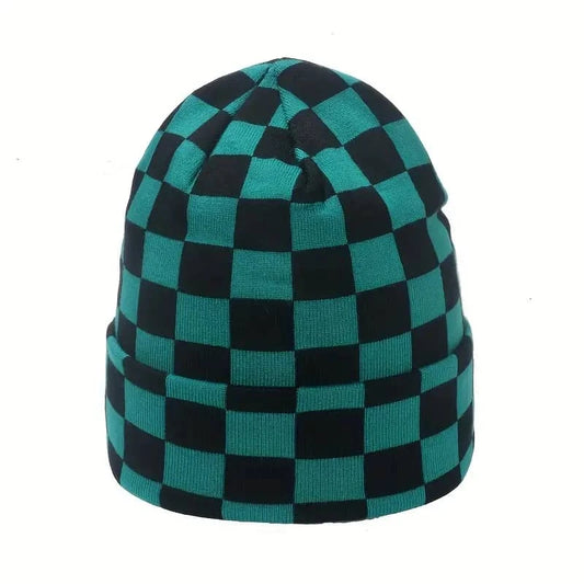 Demon Slayer Tanjirou knit hat featuring a stylish black and teal checkered pattern