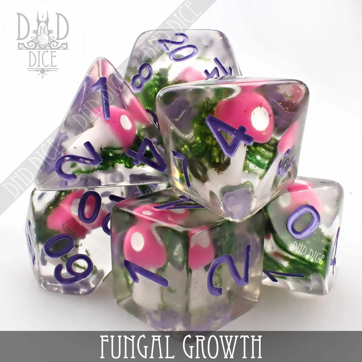 Fungal Growth DND mushroom themed polyhedral dice with vibrant pink mushrooms and purple numbers