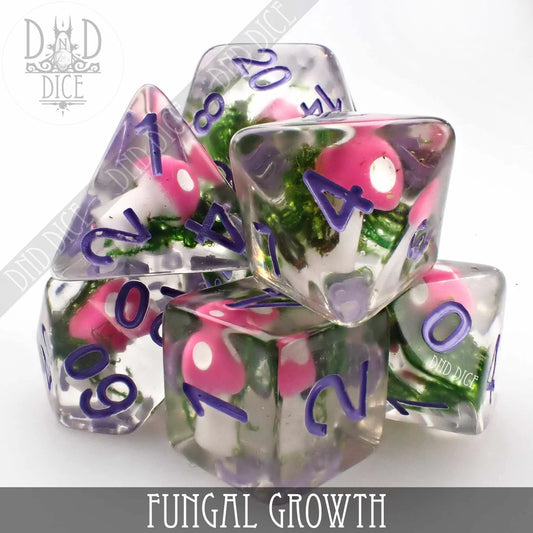 Fungal Growth DND mushroom themed polyhedral dice with vibrant pink mushrooms and purple numbers
