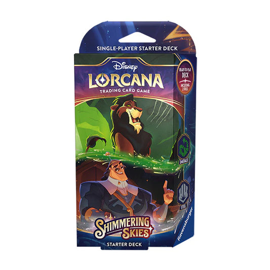 Disney Lorcana Shimmering Skies Starter Deck trading cards featuring animated characters in collectible card game packaging