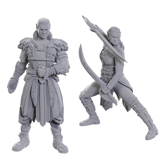 Unpainted D&D Nolzur's Jaheira & Halsin figures by Wizkids showing detailed fantasy character miniatures