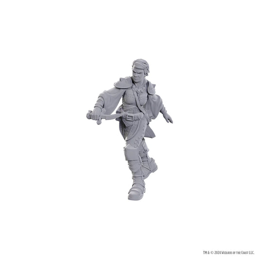 Gray unpainted D&D Nolzur's Swashbuckler Miniature figure by Legend Story posed with a sword