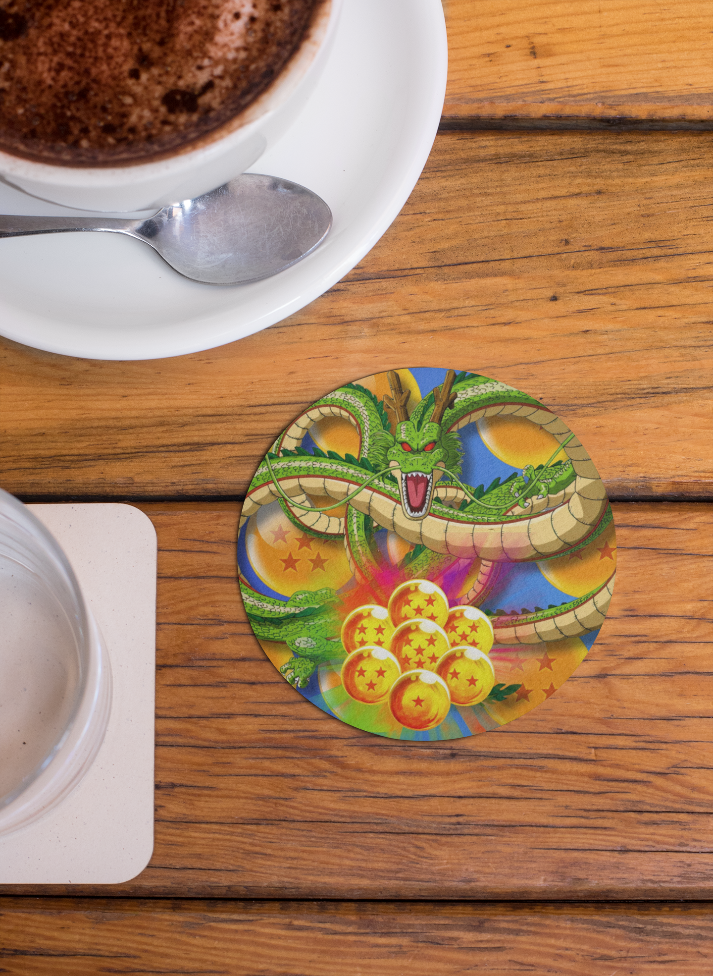 Colorful Dragon Ball coaster featuring Shenron and Dragon Balls on a wooden table