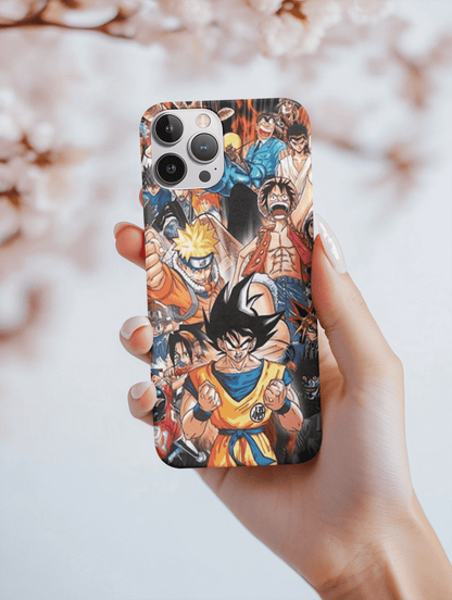 Colorful Dragon Ball phone case featuring iconic anime characters in action poses