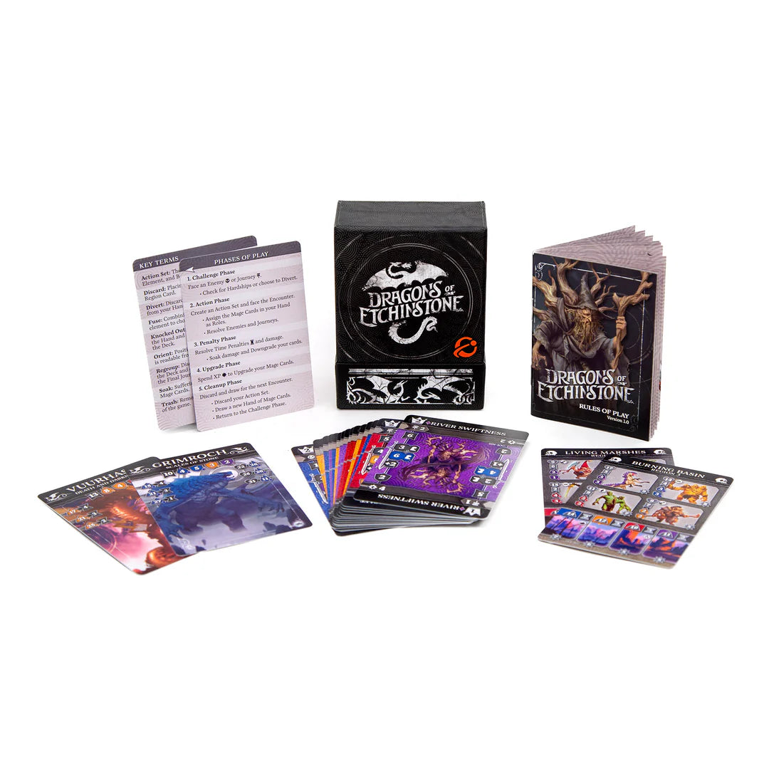 Dragons of Eitcinstone game card spider collection with colorful artwork and various game cards for tabletop gaming