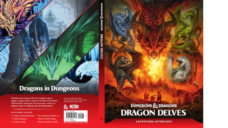 Dungeons & Dragons Dragon Delves book featuring colorful dragon artwork and adventure anthology details