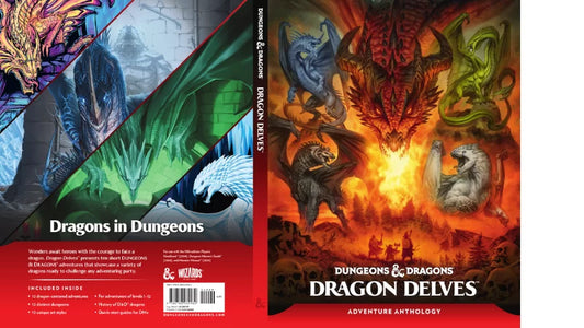 Dungeons & Dragons Dragon Delves book featuring colorful dragon artwork and adventure anthology details