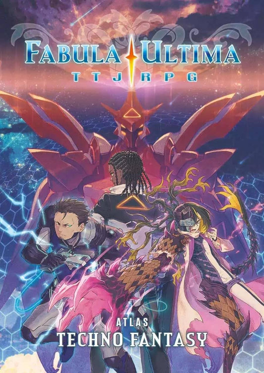 Fabula Ultima TTJRPG Atlas featuring vibrant cover art with characters in a techno fantasy setting