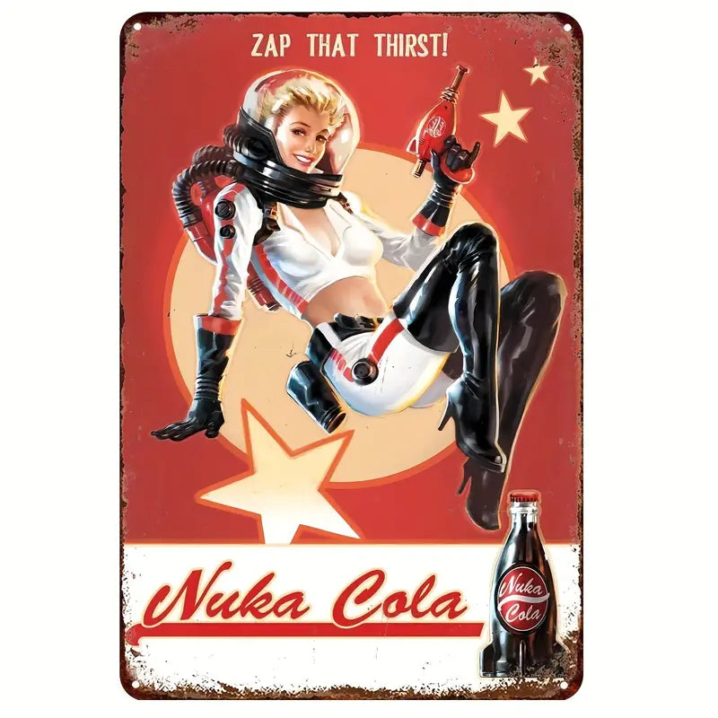 Fallout Nuka Cola metal sign featuring a retro space girl holding a Nuka Cola bottle with a red star background