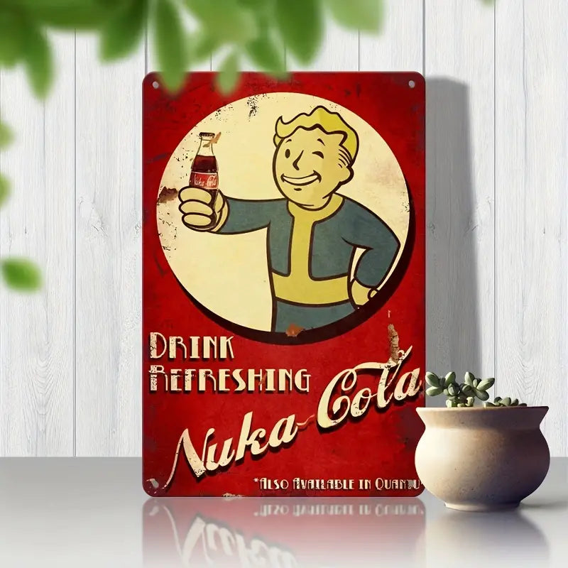 Fallout Vault Boy metal sign featuring Vault Boy holding a Nuka Cola bottle with vintage design