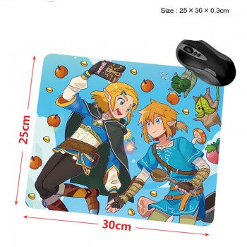 Legend of Zelda anime mouse pad featuring anime style Link and Zelda on blue background with floating apples