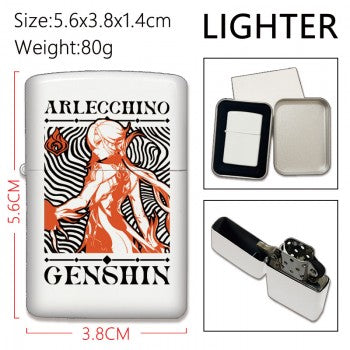 Unbranded Arlecchino metal lighter with orange black Genshin artwork and gift tin Genshin Impact Zippo lighter