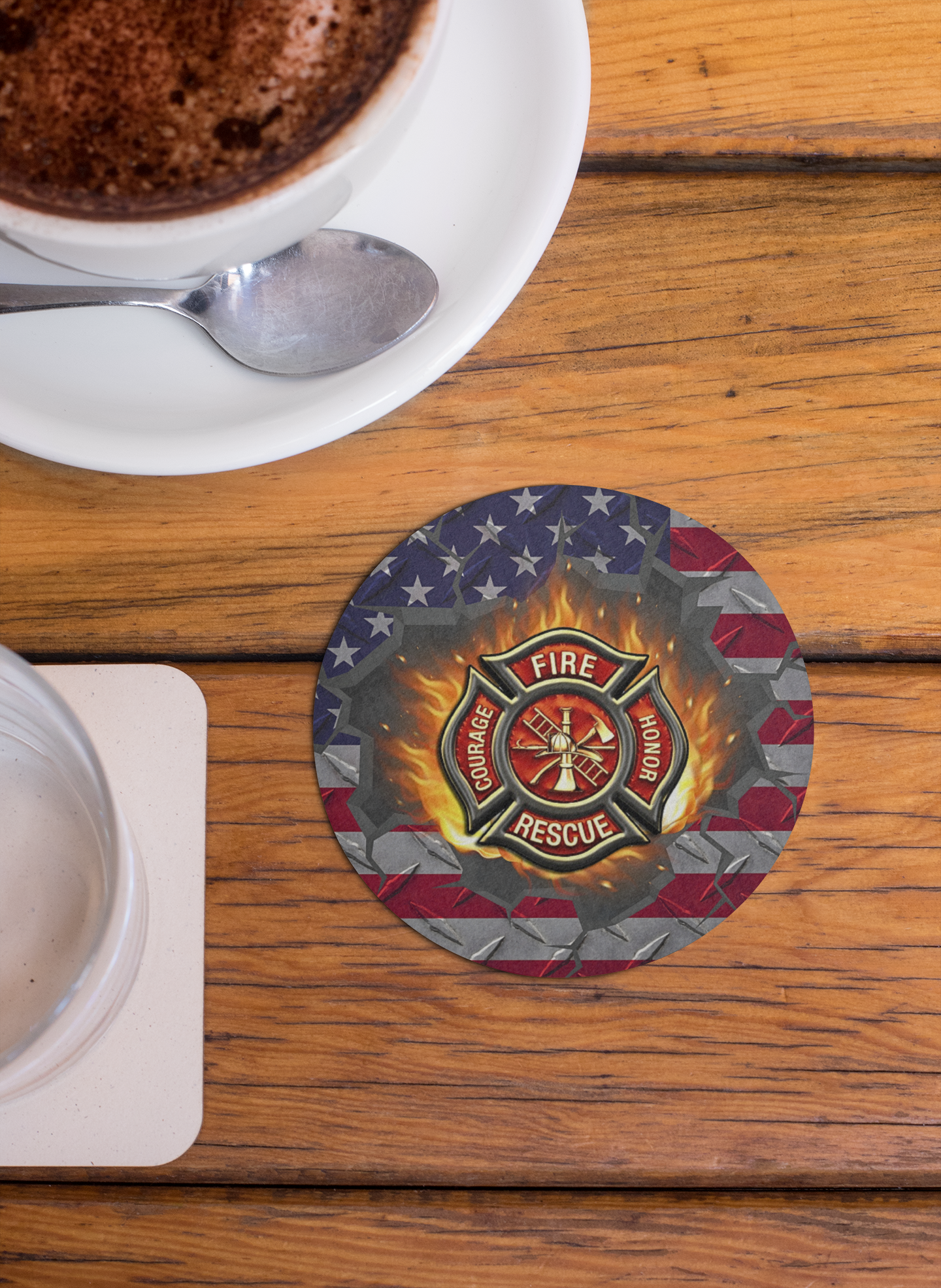 Firefighter coasters featuring a fire rescue emblem with an American flag background